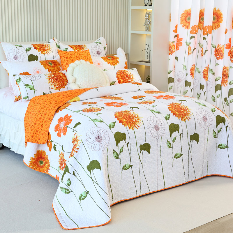 Sunflower Cotton Floral Quilt Bedding Set With Shams, Twin Quilt+1 Standard Sham