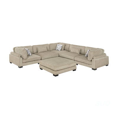Brown Contemporary 6-Piece Modular Sectional Sofa w Ottoman Plush Comfortable Pillows Upholstered Solid Wood Living Room Furniture