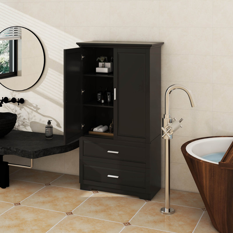 Grande armoire de rangement pour salle de bain avec tablette réglable, deux portes et tiroirs