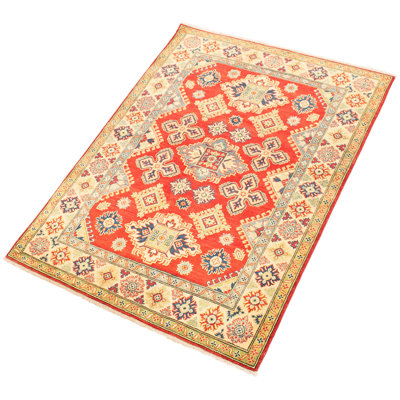 Tapis unique en laine noué à la main style ouzbé des années 2010 de 5 pi x 6 pi 9 po rouge / vert / beige Gorm One Gorm