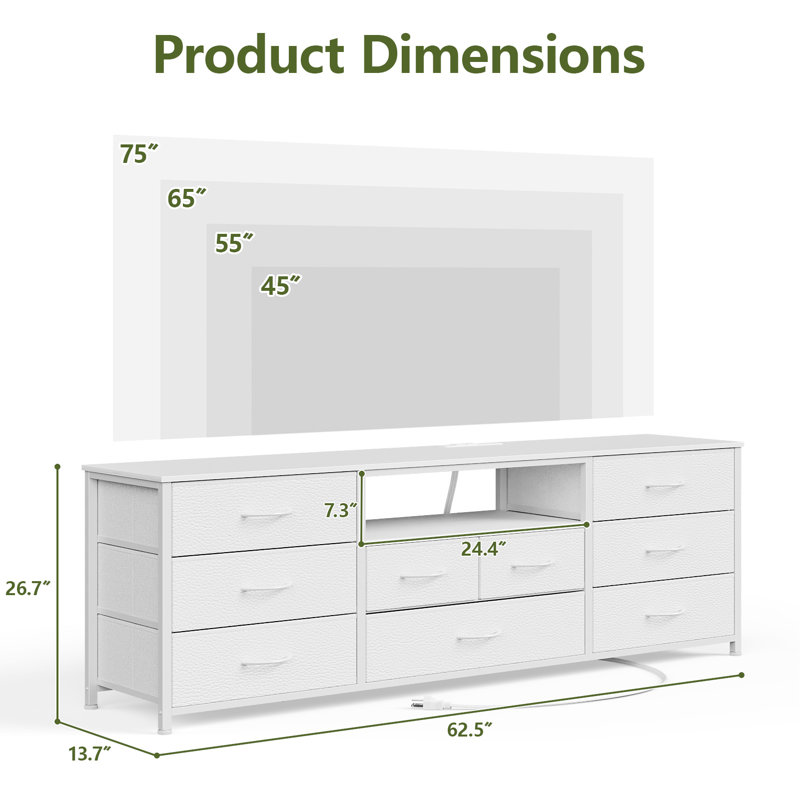 62.5-inch Tv Stand With Led Lighting, Charging Station & 9-drawer Storage – Modern Multi-functional Media Console For Living Room & Bedroom