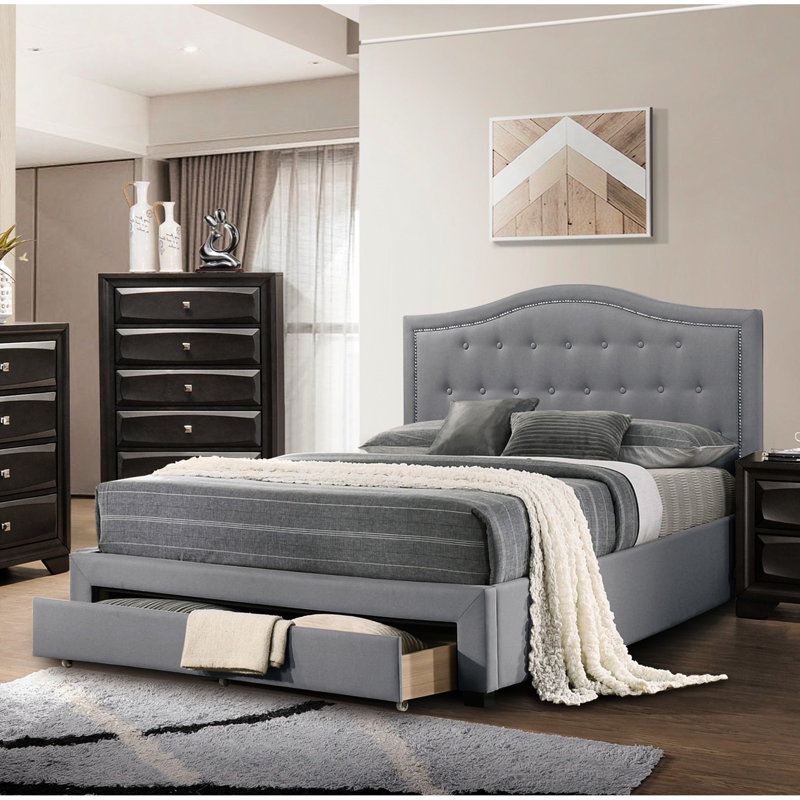Lit simple contemporain avec tête de lit et tiroir en toile de jute gris pratique