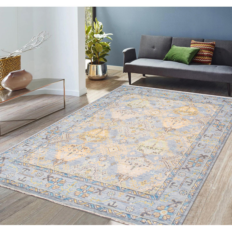Hand-Knotted Light Blue Wool Floral Rectangular Rug