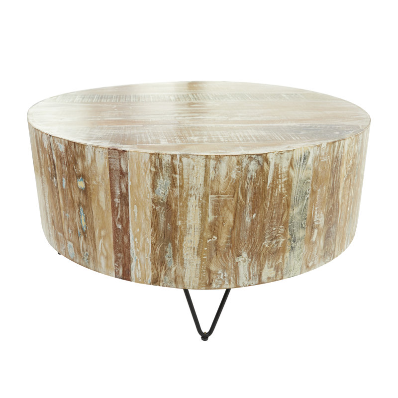 Bisharo Mango Wood Handmade Distressed Brown Coffee Table with Black Metal Hairpin Legs, 18"H x 36.5"W x 36.5"D