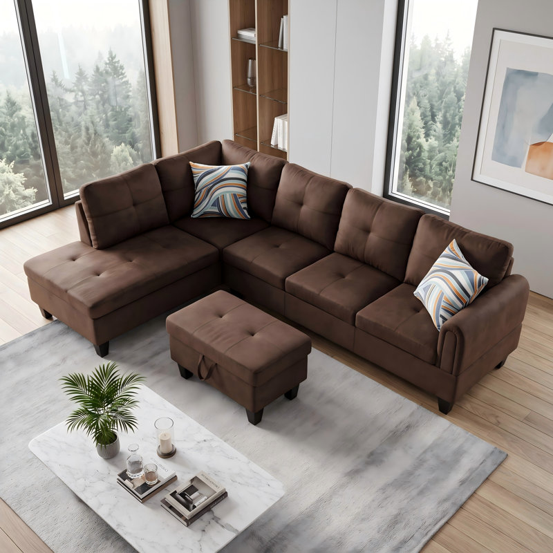 Canapé modulaire rembourré réversible avec repose-pieds, Flanelle chocolat, Orienté vers la gauche