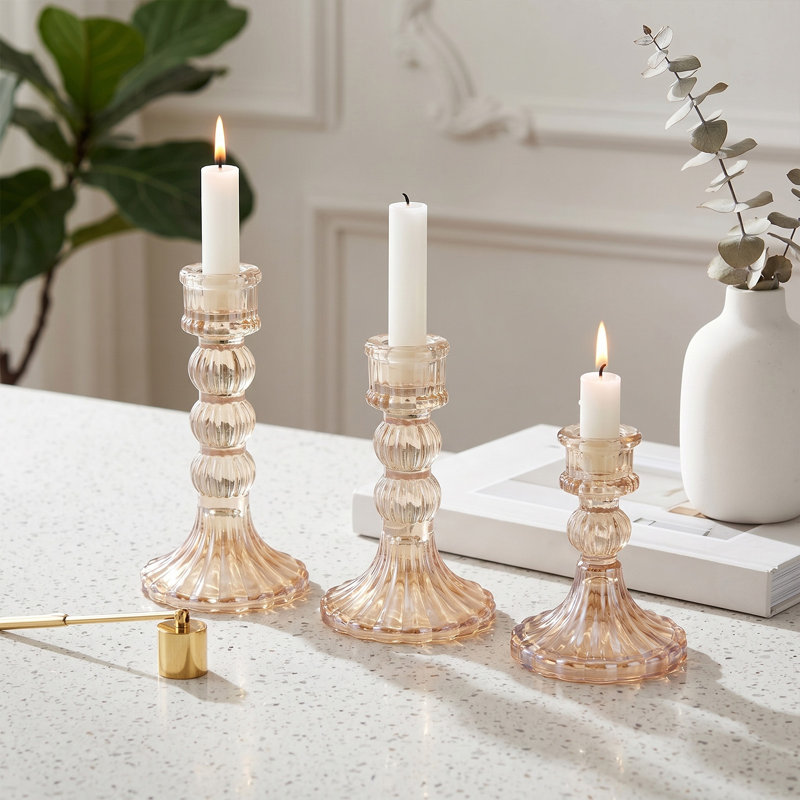 3 Pack Fluted Glass Candlestick Holders