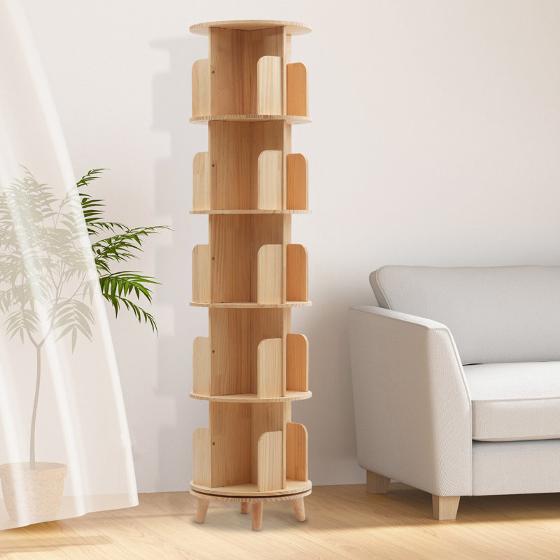 Shanae 5 Tiers 360° Rotating Solid Pine Wood Bookcase Book Storage Shelf 110 lbs Capacity