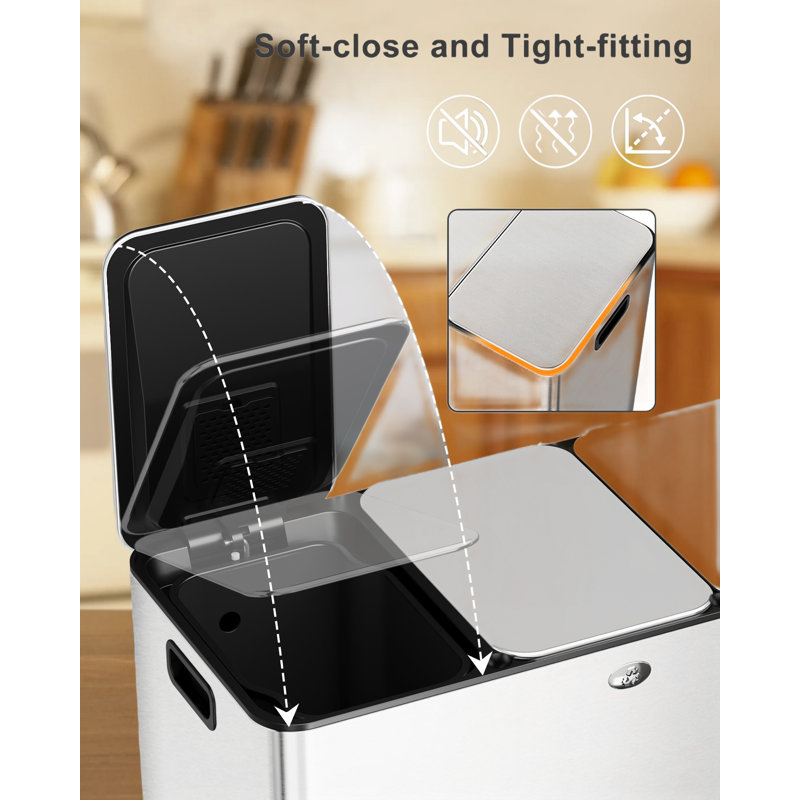 Recycle And Trash Can Combo – 60l 3-compartment Stainless Steel Garbage Can With Three 5-gallon Compartments, Separate Lids, And Foot Pedal Operation.
