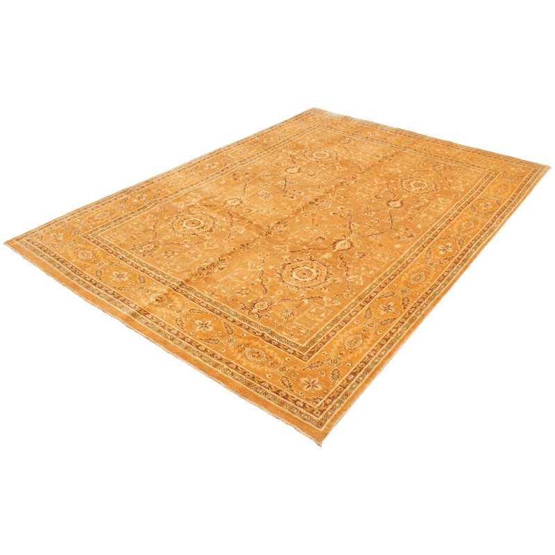 Tapis décoratif en laine brun clair de conception unique 9 pi 4 po x 13 pi 3 po noué à la main New Age Ushak