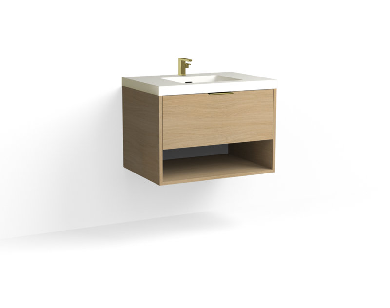 Modo 30" W Wall Mounted Single Bathroom Vanity, Glossy White/8" Widespread, Biondo, Polished Nickel