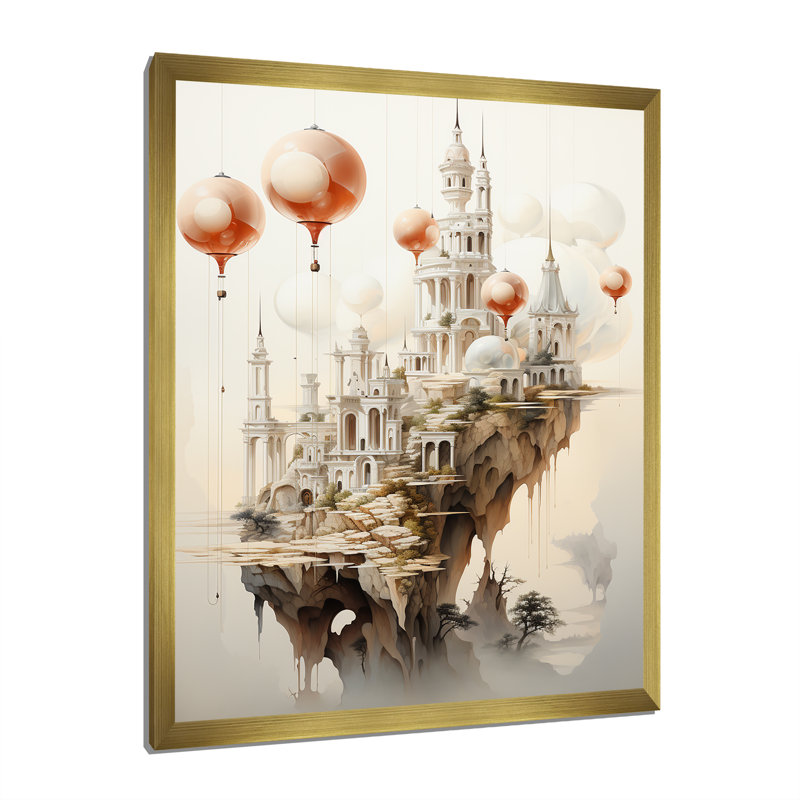 Maheer surréalisme, la ville flottante sur toile, H 40 po x l 30 po x P 1,5 po, Encadrement doré