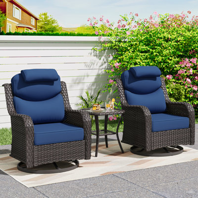 2-Person PE Wicker Outdoor Conversation Sets, 2 Swivel Chairs with Headrest,1 Side Table & Blue Cushions