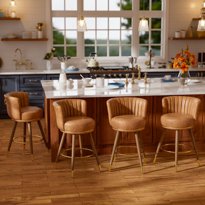 26 inch Swivel Upholstered Barstools with Backs, Leather Counter Stools with Wood Legs