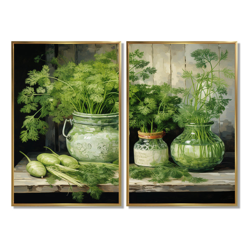 «Herbs Pottery Delights 3 - Large Herbs», ensemble de 2 pièces, 36" H x 48" W, Impression encadrée flottante, Gold