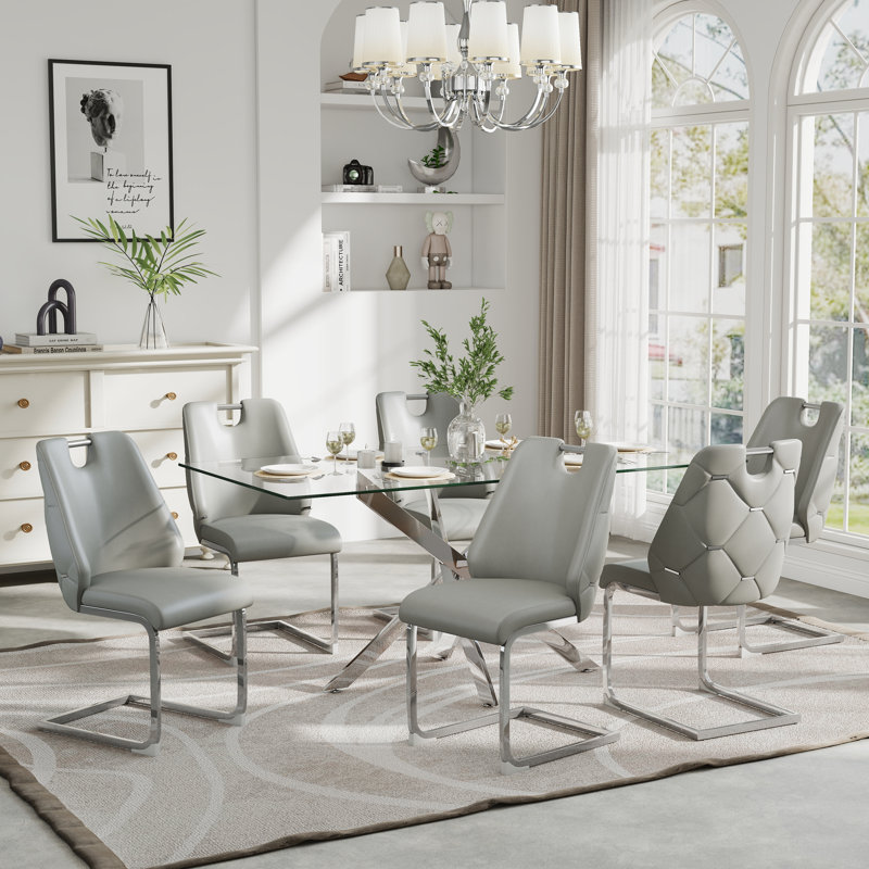 Table de salle à manger rectangulaire en verre trempé, table de salle à manger avec chaise à dossier haut en similicuir, Gris