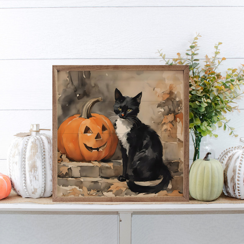 «Chat noir avec citrouille» sur bois, H 12 po x l 12 po