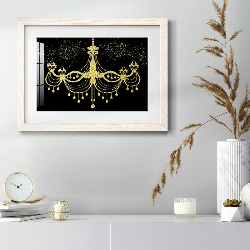 Lustre doré encadré sur papier, Blanc, H 26 po x l 38 po x P 1,5 po