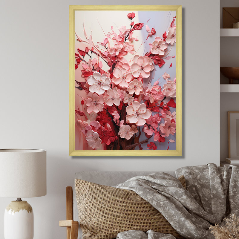 «Pink Orchard Tree Ballet Of Cherry Blossoms IV», art mural cerisier, Cadre doré simple, H 44 po x l 34 po x P 1,5 po