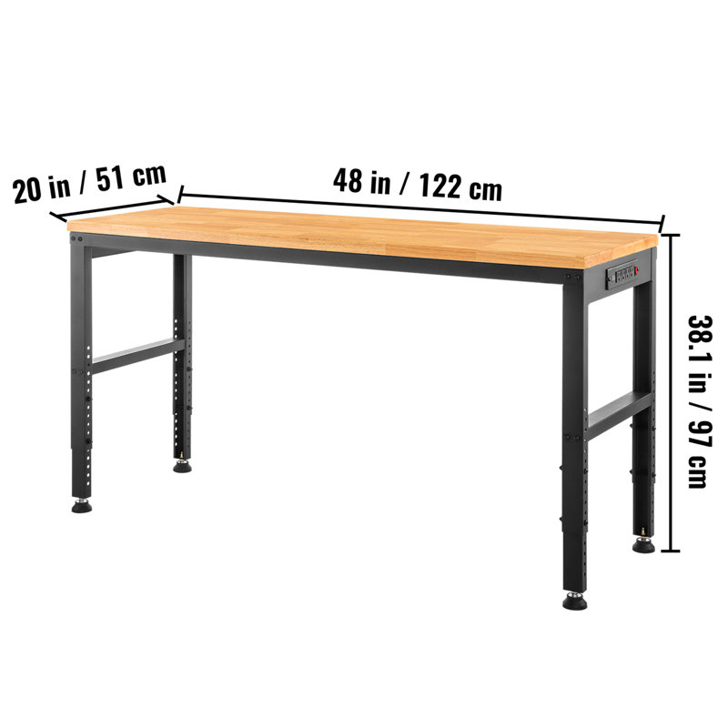 Adjustable Height Wood Workbench with Metal Frame and Power Outlets, 36" H x 61" W x 20" D