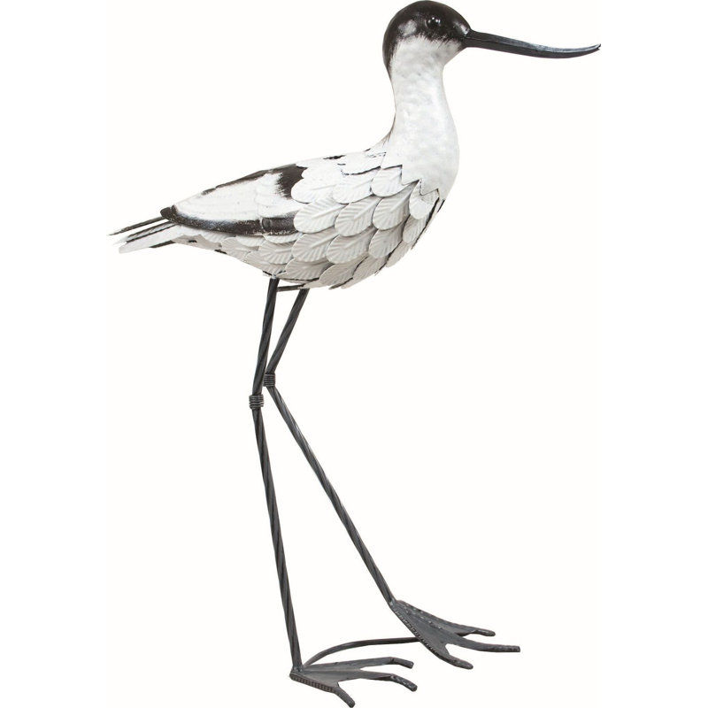 Sculpture de jardin en métal blanc avec oiseau d'eau noir