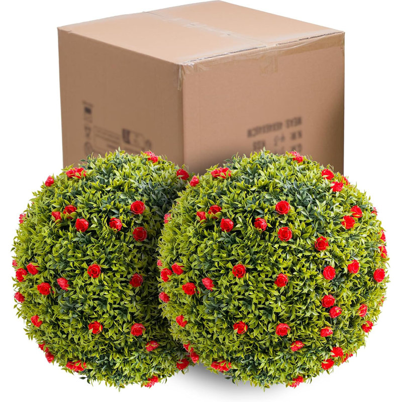 Paquet de 2 boules topiaires artificielles en buis avec fleurs rouges - Faux verdure réaliste pour porche, patio, balcon