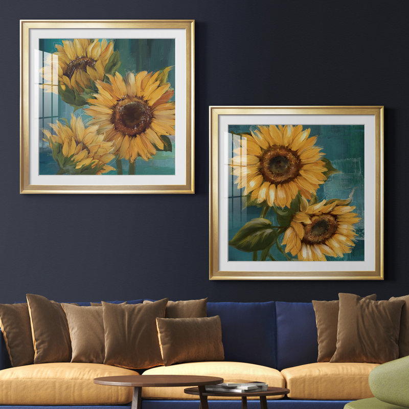 Tournesol I - ensemble de 2 reproductions d'art encadrées, H 30,5 po x l 61 po x P 1,5 po, Papier encadré doré, Blanc