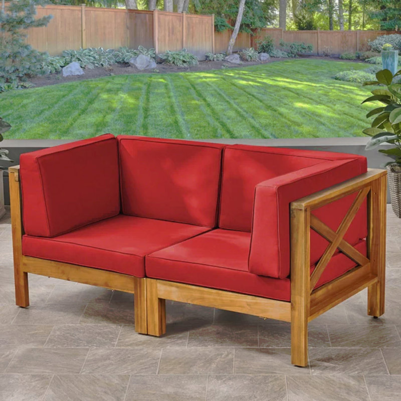 Causeuse à dossier en X, rouge, Coussin rouge / structure en teck