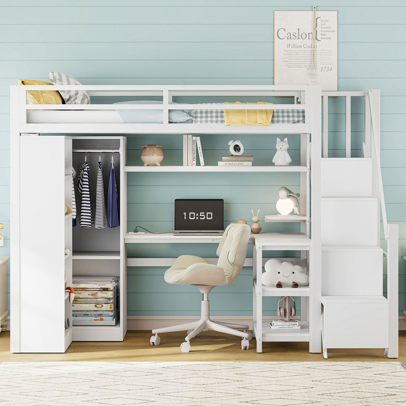 Metal Loft Bed With desk, USB Ports, 5-layer shelf, wardrobe and Stepped Stairs, White, Twin