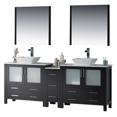 Mance 84.88 " W Freestanding Standard Double Vanity Bathroom Vanity With Ceramic Top with Mirror