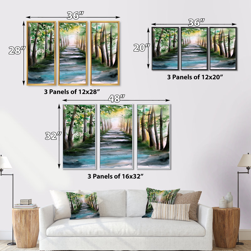 «A Sunlit Forest Alley with Tree Shadows», reproduction sur toile flottante 3 pièces, Cadre noir, H 28 po x l 36 po x P 1 po