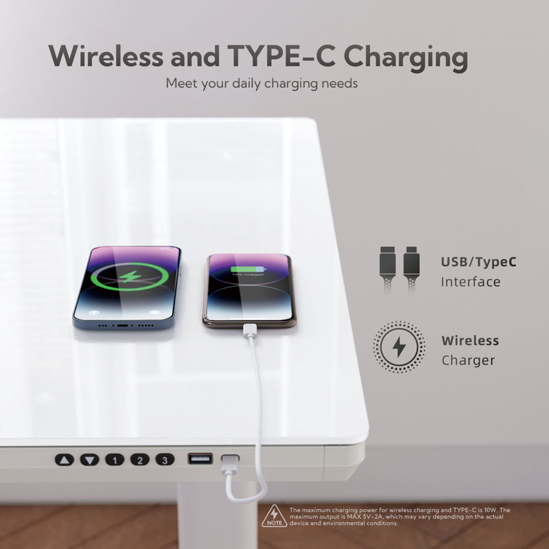 55 Inch Home Office Wireless Charging Glass Standing Desk With USB and Type-C