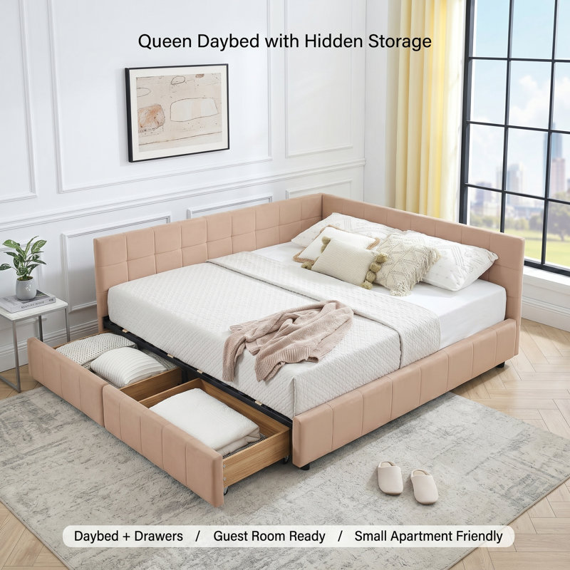 Modern Upholstered Queen Daybed with Drawers and Backrest for Bedroom or Guest Room, Pink