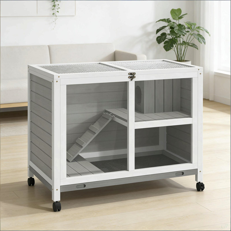 Cage à lapin avec roulettes, petit clapier à lapin, maisonnette spacieuse, Gris / Blanc