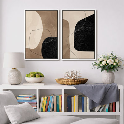 Mid Century Shape "Warm Brown & Faded Black Abstract Lines Artwork, Modern Minimalist Neutral Wall Pictures, Framed Canvas Giclée Print 2 Pieces Wall Art" 16x24x2 pcs, 24x36x2 pcs