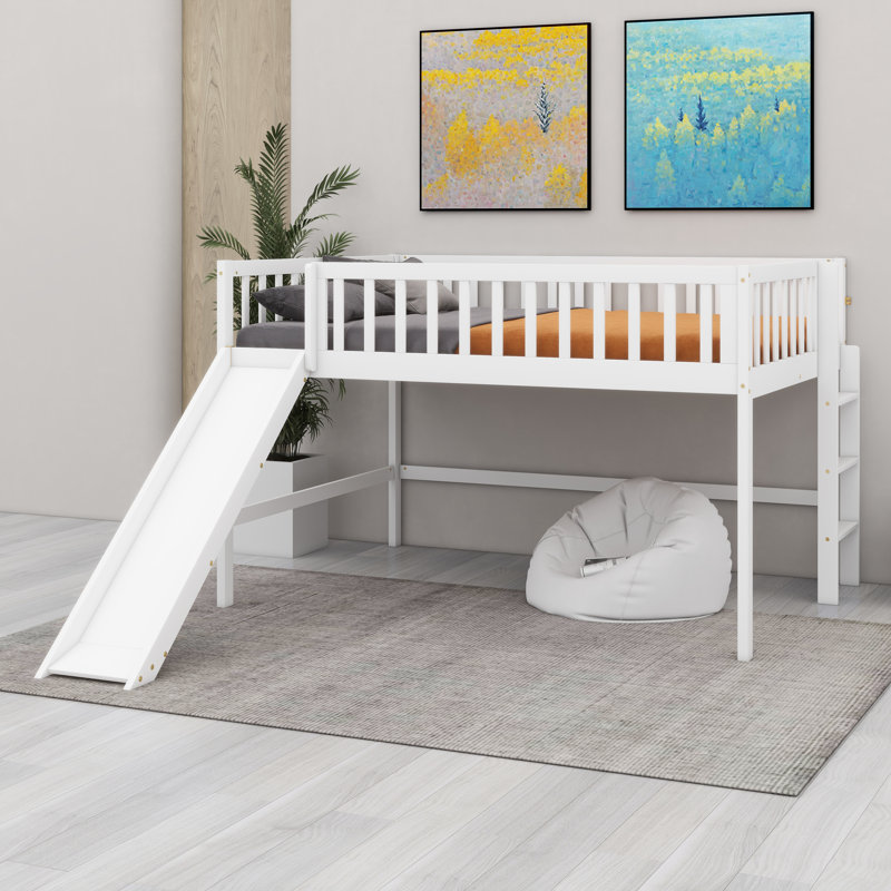Lit mezzanine en bois massif avec glissade et échelle, Blanc
