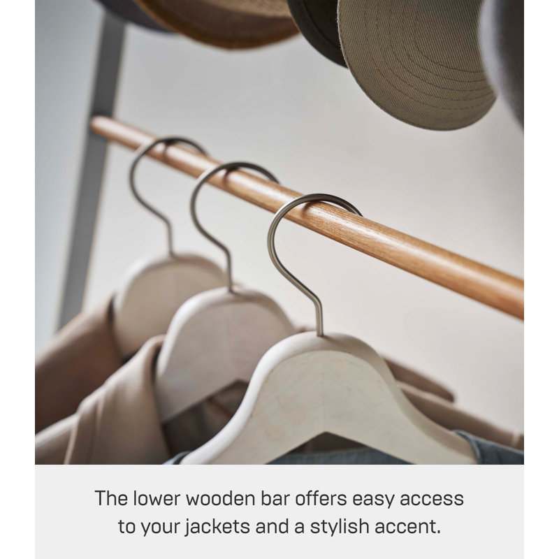 White Steel Freestanding Coat Rack with Wooden Bar and Hooks