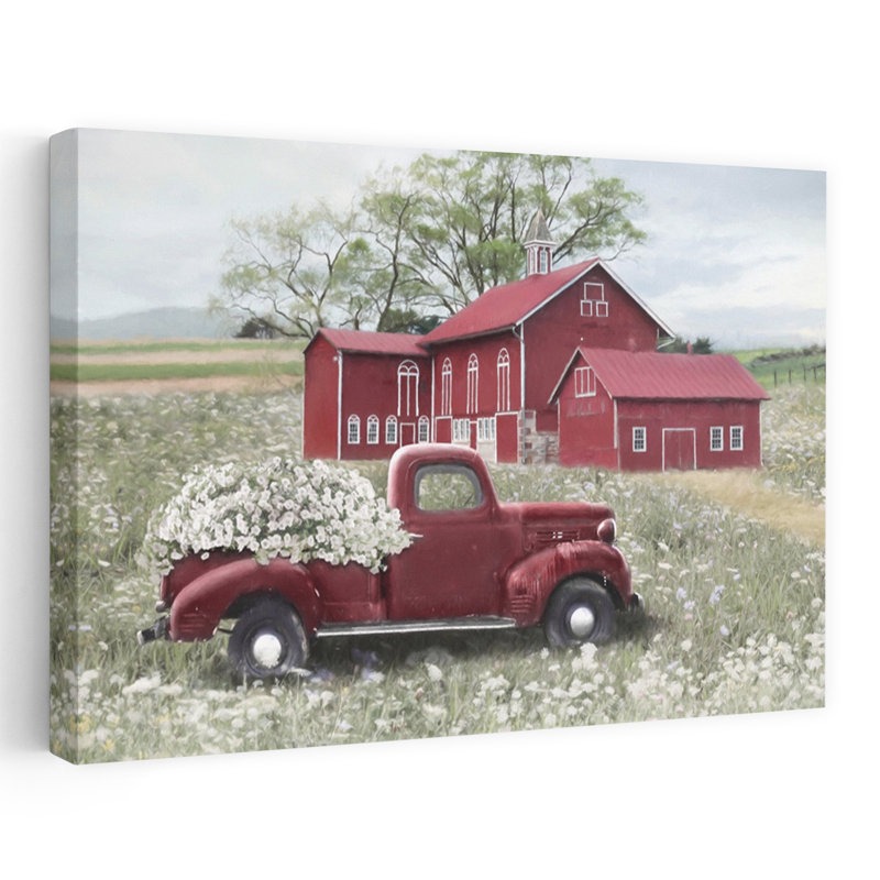 Printemps à la grange, paysage contemporain abstrait, art printanier, H 16 po x l 24 po