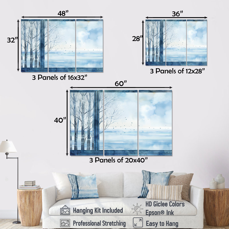 «White and Blue Winter Forest Collage VII - Winter Landscape», art mural, Toile tendue, H 32 po x l 48 po x P 1 po