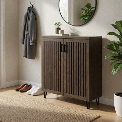 Bixi Shoe Cabinet, 2 Slatted Doors, Foyer Entryway Storage, Dark Oak Brown