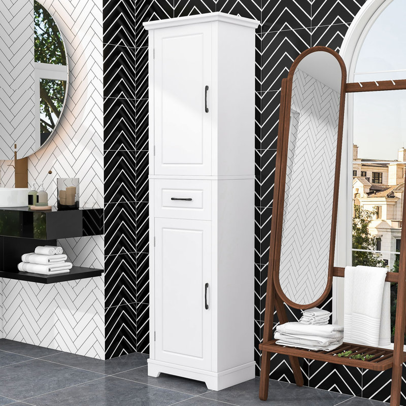 Grande armoire de rangement autoportante pour salle de bain avec tablettes réglables, tiroir et conception anti-arrachement