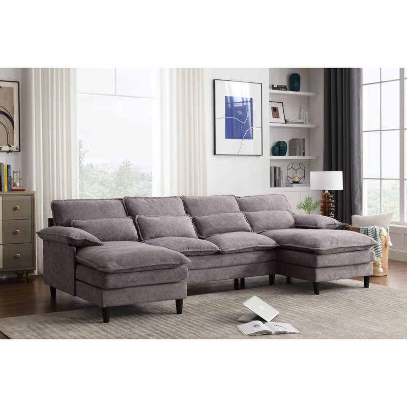 Canapé modulaire en U, 4 places avec méridienne, tissu éponge, gris pour le salon de la décoration intérieure, coussin double, 4