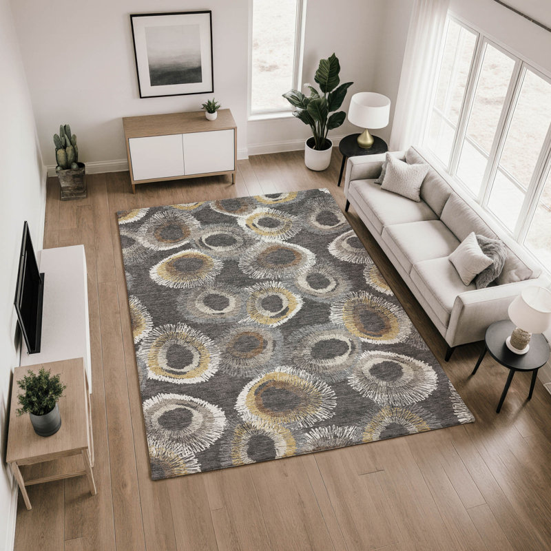 Premium Machine Washable Mayfield AMF2278 Geometric Rug, Charcoal, 5' x 7'6"