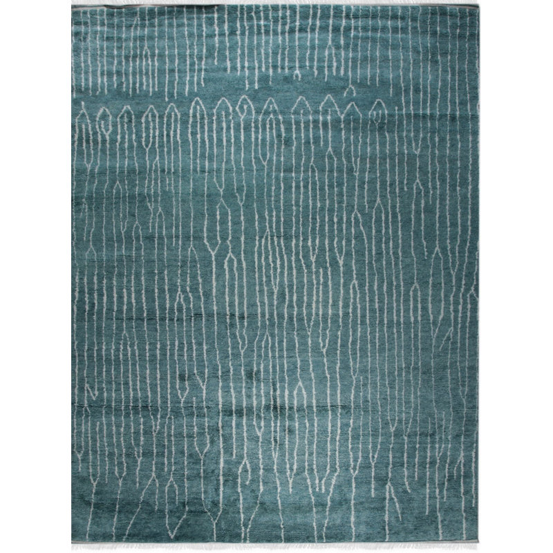Tapis vert moderne à motif géométrique en laine noué à la main Dendrites, 4 pi x 8 pi