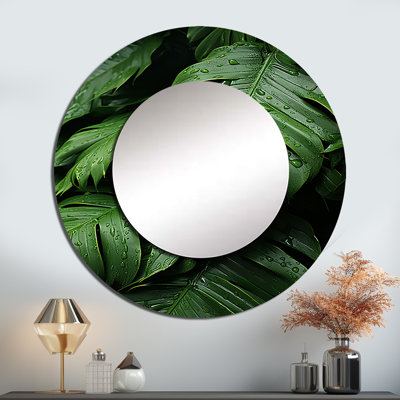Emerald Canopy Exotic Palmscape I - Palm Trees Decorative Mirror, Green Round Wall Mirror, Printed Metal Art