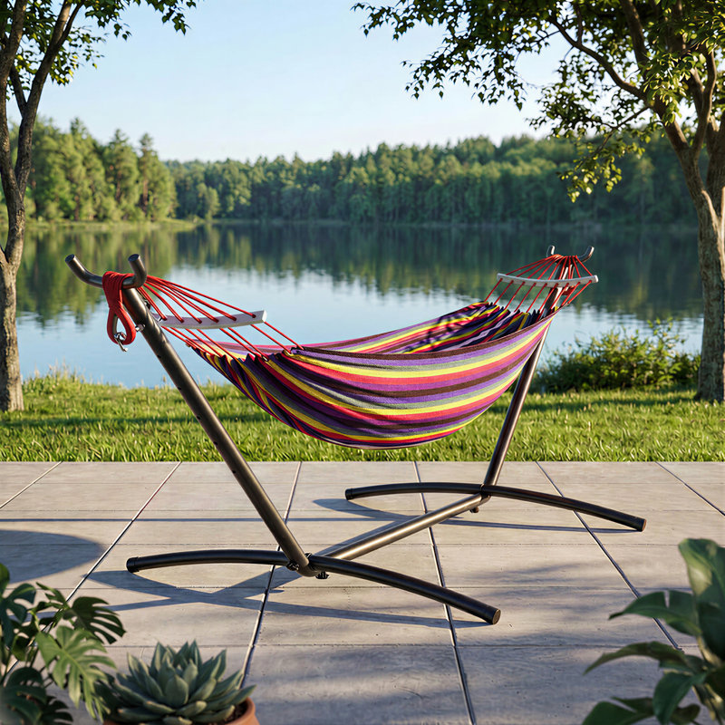 Hamac portatif pour 2 personnes avec support en acier robuste, capacité de 450 lb, installation autoportante sans outils, résistant aux intempéries pour le patio, la cour et l'intérieur - arc-en-ciel 