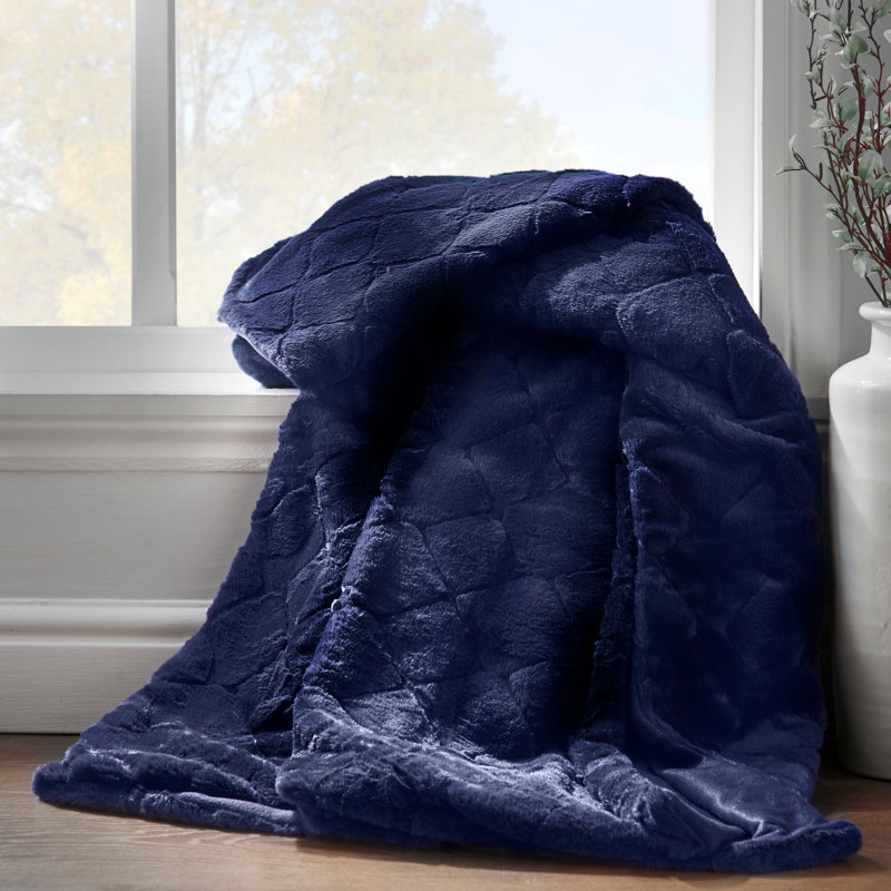 Cosy Diamond Faux Fur Soft 130x170cm Blanket Throw, Navy