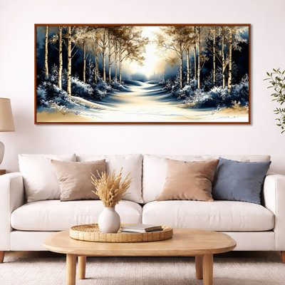 «Blue Gold Winter Birch Tree Pathway Shadows - Blue Nature», reproduction d'art encadrée sur toile