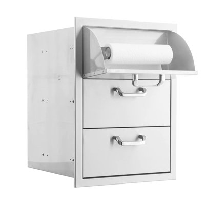 Mont Alpi Signature 260 Series 16"W x 21"D x 30"H Commercial Grade 304 Stainless Steel Outdoor Kitchen Island BBQ Gas Grill Double Access Drawers with Paper Towel Dispenser + Traditional and Contemporary Style Handle Sets - Made in USA - Lifetime Warranty