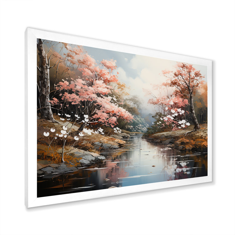 «Japanese River Forest», impression sur toile, Cadre simple blanc, H 34 po x l 44 po x P 1,5 po