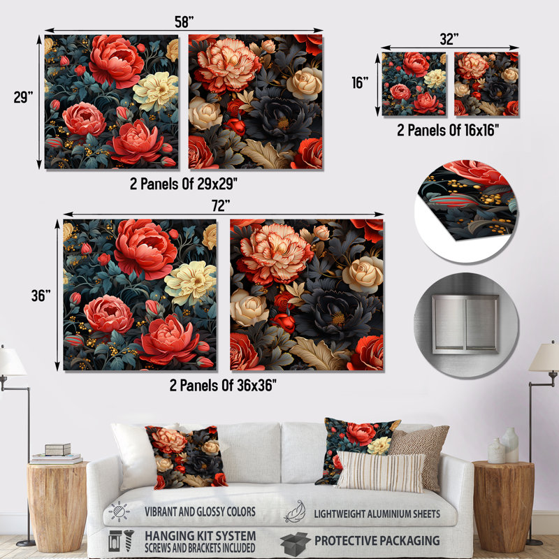 Opulence rouge victorienne rouge, motif floral - ensemble de 2 reproductions d'art en métal, H 23 po x l 46 po